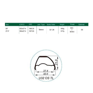 Pack Weinmann Llantas U32 TL 27.5" Asimétrica Ojetillos 32H Presta Negro