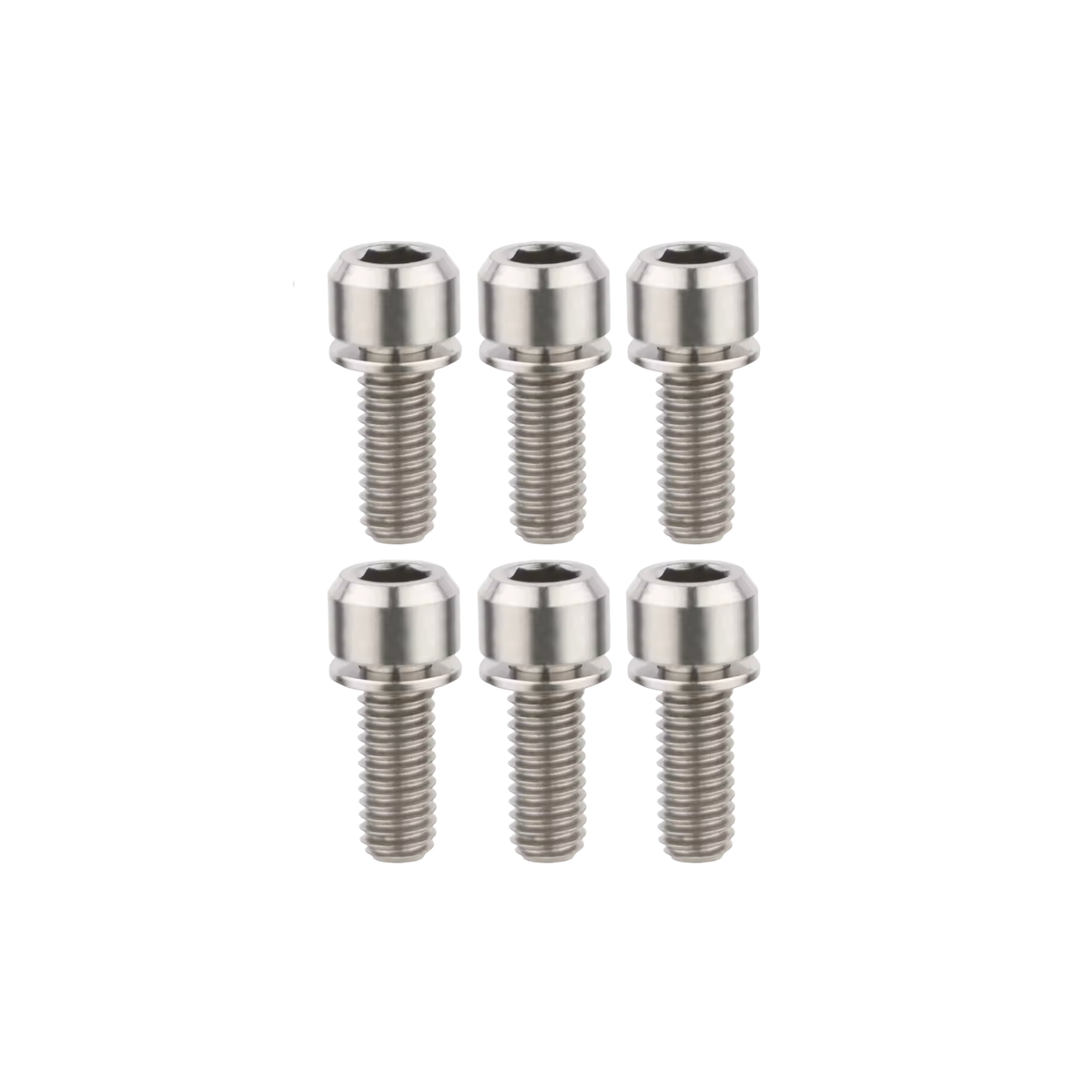 Set of six silver metal screws on a white background