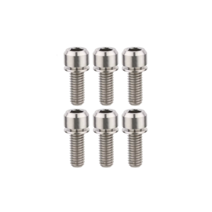 Set of six silver metal screws on a white background